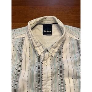 Large Prana Short Sleeve Button Up Shirt Camping Hiking Blue Stripe Cotton